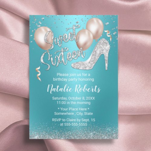 Modern Turquoise Elegant Silver High Heel Sweet 16 Invitation