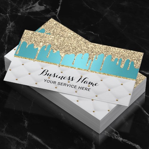 Modern Turquoise Faux Gold Glitter Drips Luxury Business Card