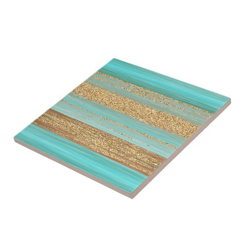 Modern Turquoise Faux Gold Glitter Stripes Pattern Ceramic Tile
