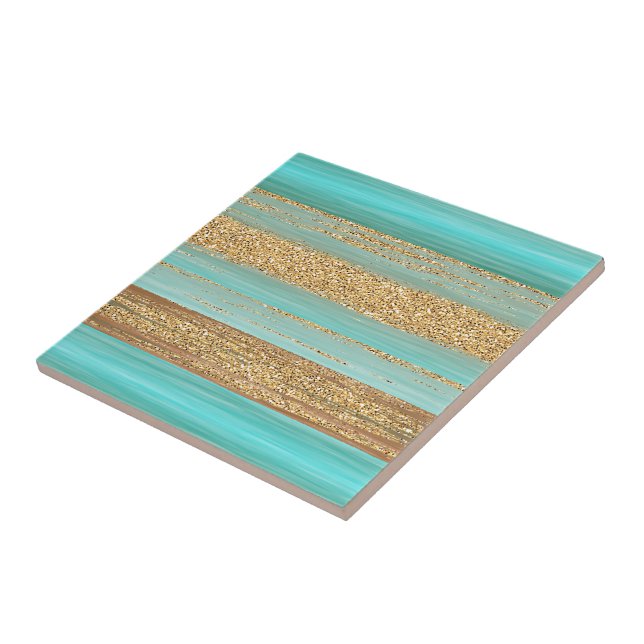 Modern Turquoise Faux Gold Glitter Stripes Pattern Ceramic Tile (Side)