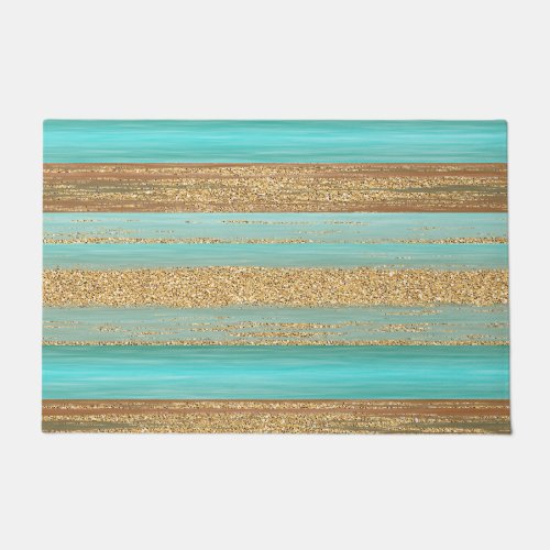 Modern Turquoise Faux Gold Glitter Stripes Pattern Doormat