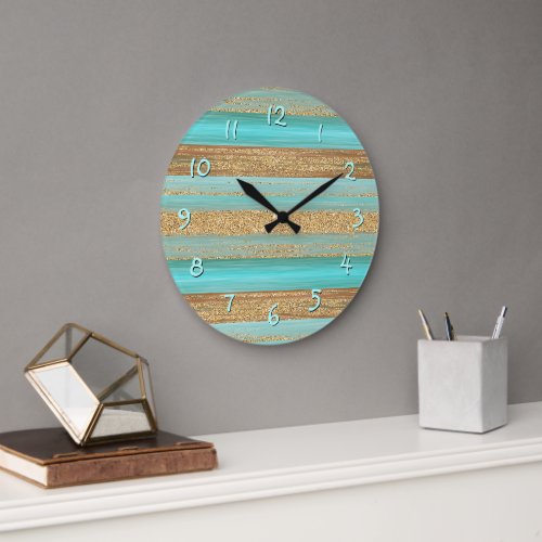 Modern Turquoise Faux Gold Glitter Stripes Pattern Large Clock