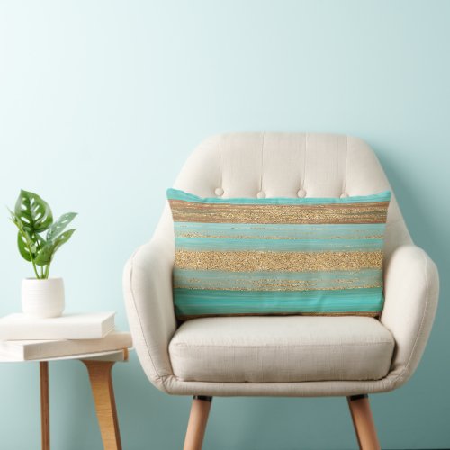 Modern Turquoise Faux Gold Glitter Stripes Pattern Lumbar Pillow