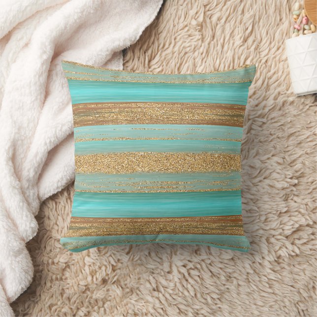 Modern Turquoise Faux Gold Glitter Stripes Pattern Throw Pillow (Blanket)
