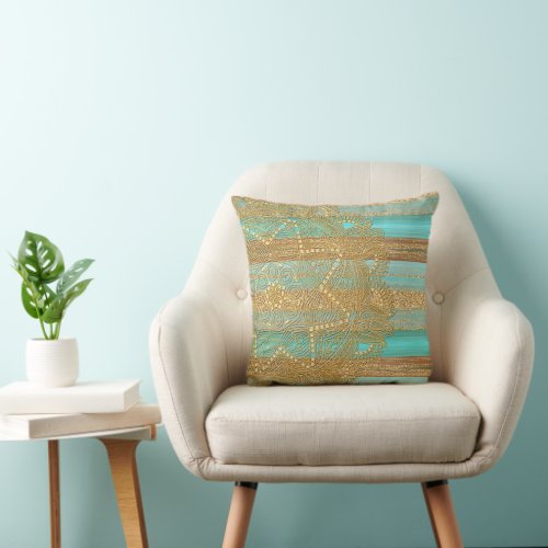 Modern Turquoise Faux Gold Glitter Stripes Pattern Throw Pillow