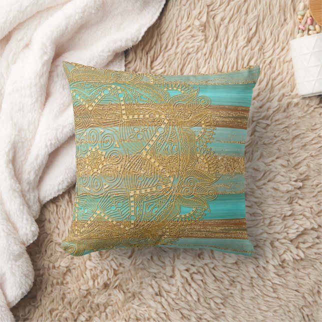 Modern Turquoise Faux Gold Glitter Stripes Pattern Throw Pillow (Blanket)