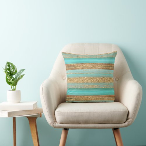 Modern Turquoise Faux Gold Glitter Stripes Pattern Throw Pillow