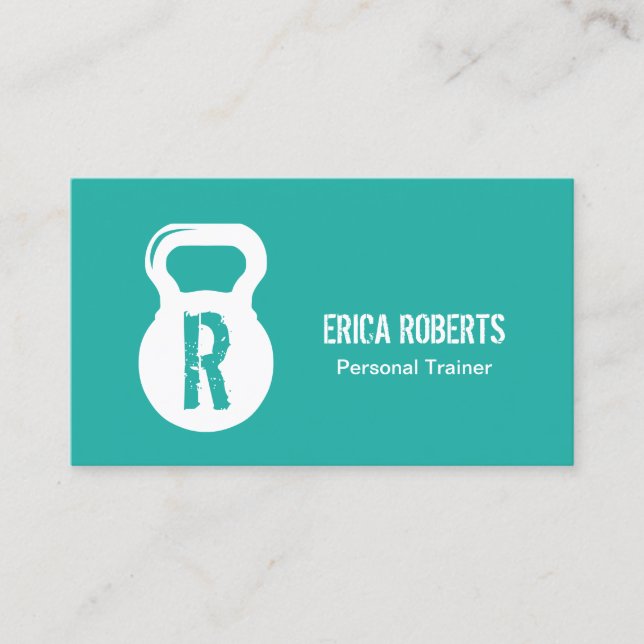 Modern Turquoise Fitness Personal Trainer Monogram Business Card (Front)