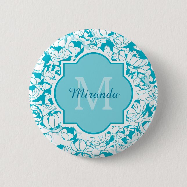 Modern Turquoise Floral Girly Monogram With Name Button (Front)