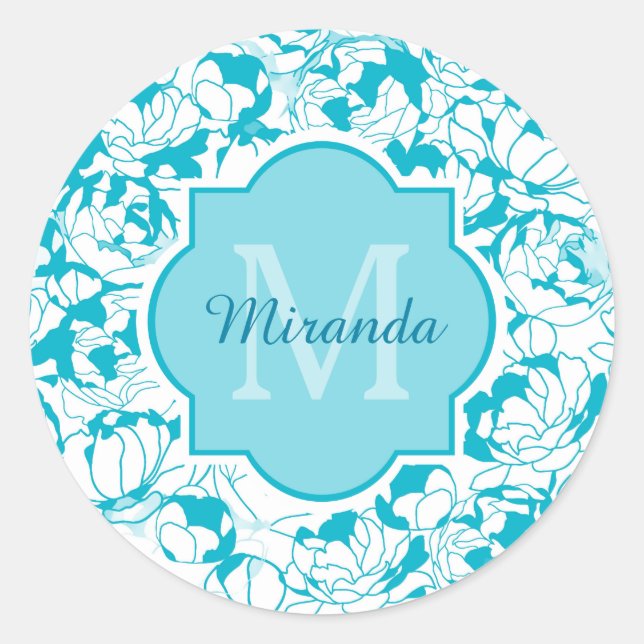 Modern Turquoise Floral Girly Monogram With Name Classic Round Sticker (Front)
