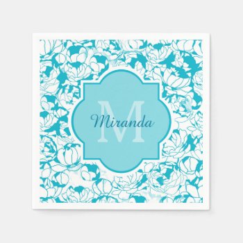 Modern Turquoise Floral Girly Monogram With Name Napkins by ohsogirly at Zazzle