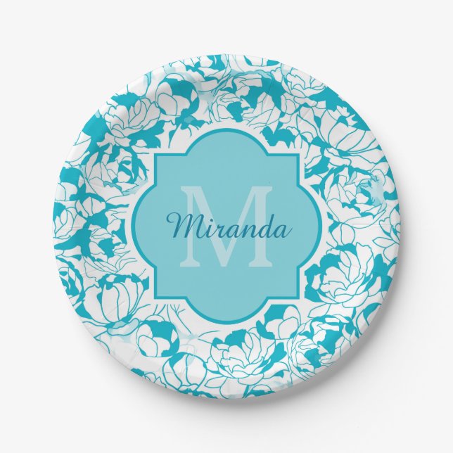 Modern Turquoise Floral Girly Monogram With Name Paper Plates (Front)
