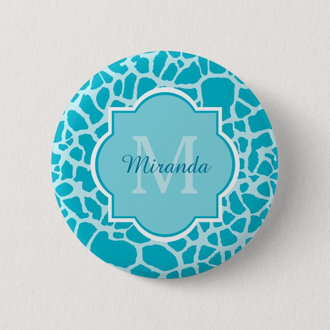 Modern Turquoise Giraffe Print Monogram With Name Button (Front)