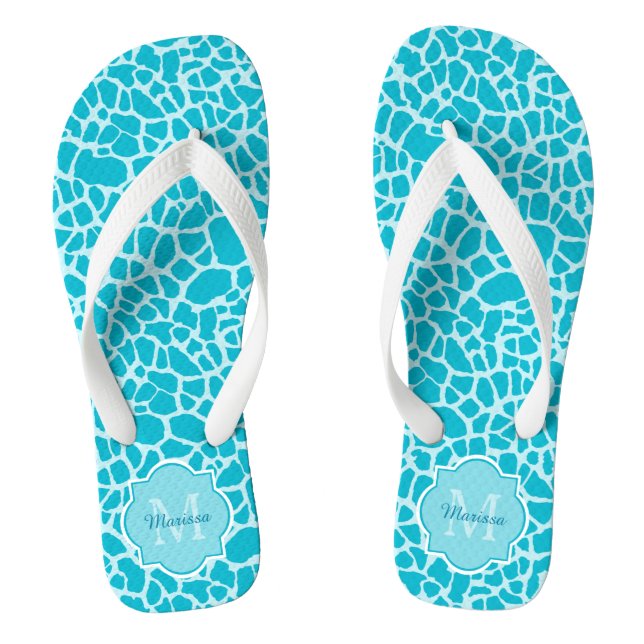 Modern Turquoise Giraffe Print Monogram With Name Flip Flops (Footbed)