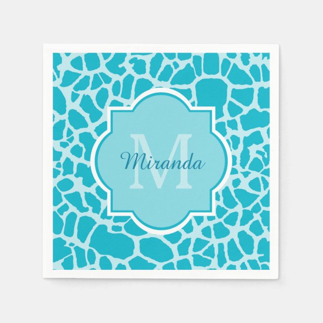 Modern Turquoise Giraffe Print Monogram With Name Napkins (Front)