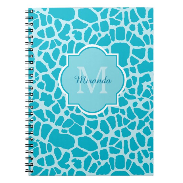 Modern Turquoise Giraffe Print Monogram With Name Notebook (Front)