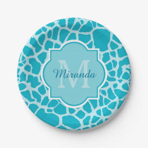 Modern Turquoise Giraffe Print Monogram With Name Paper Plates