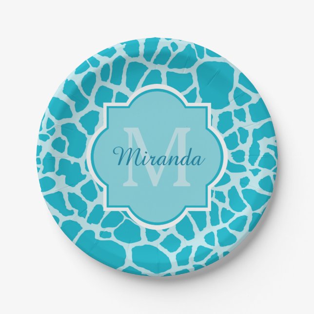 Modern Turquoise Giraffe Print Monogram With Name Paper Plates (Front)