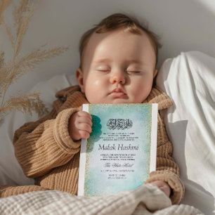 Modern Turquoise Gliter Islamic Aqiqa Aqeeqah Invitation