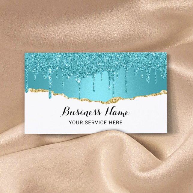 Modern Turquoise Glitter Drips Abstract Gold Teal Business Card