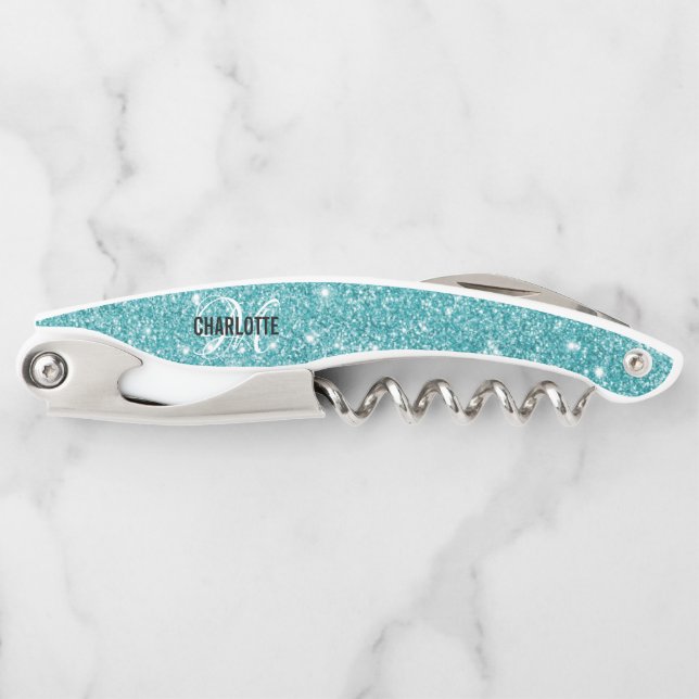 Modern turquoise glitter monogram name Corkscrew (Front)