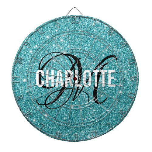 Modern turquoise glitter monogram name dart board