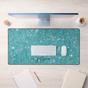 Modern turquoise glitter script name desk mat