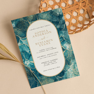Modern Turquoise Gold Agate Wedding Invitation
