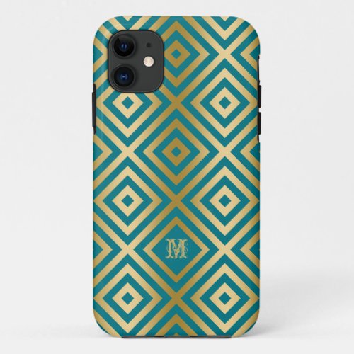 Modern Turquoise  Gold Geometric Pattern iPhone 11 Case