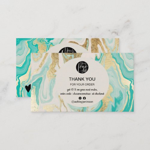 Modern turquoise gold marble logo order thank you business card