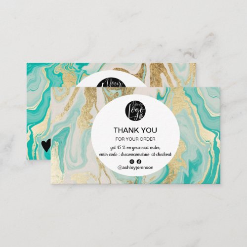 Modern turquoise gold marble logo order thank you  business card