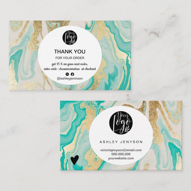 Modern turquoise gold marble logo order thank you  business card (Front/Back)