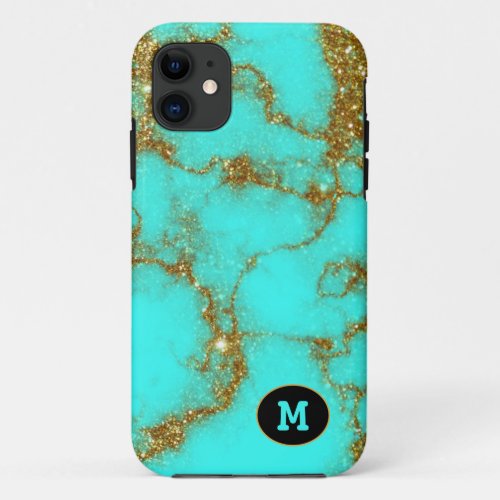 Modern Turquoise  Gold Stone Crystal Personalize iPhone 11 Case