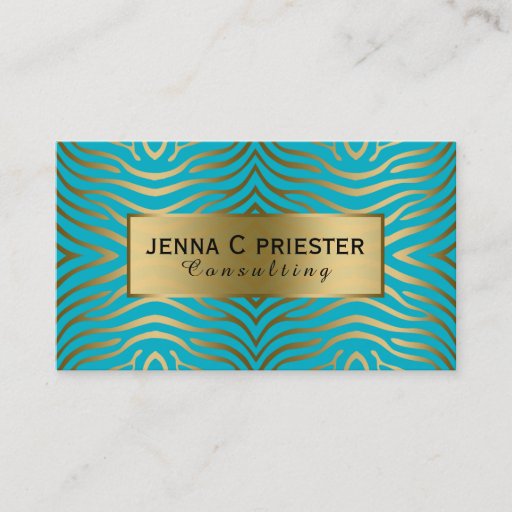 Customizable Modern Turquoise &amp; Gold Zebra Stripes Pattern Double-Sided Standard Business Cards (Pack Of 100)