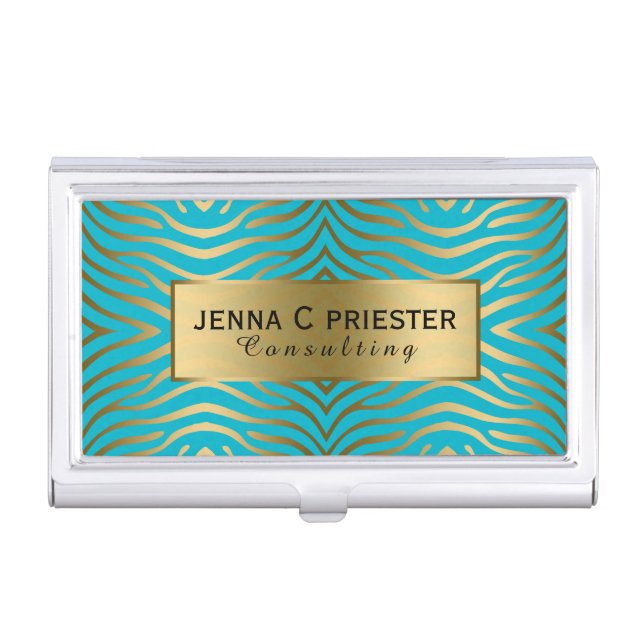 Modern Turquoise & Gold Zebra Stripes Pattern Business Card Holder (Front)