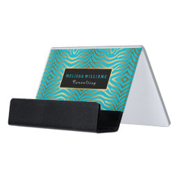 Modern Turquoise &amp; Gold Zebra Stripes Pattern Desk Business Card Holder