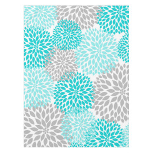 Modern turquoise gray floral tablecloth, dahlias tablecloth