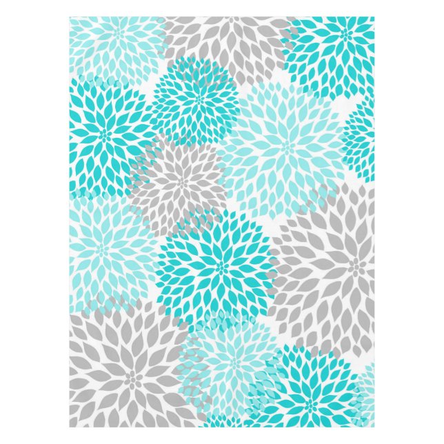 Modern turquoise gray floral tablecloth, dahlias tablecloth (Front)