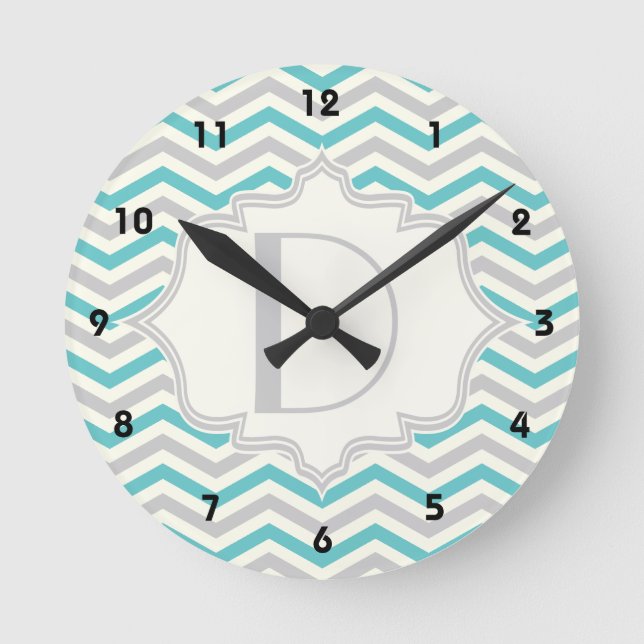 Modern turquoise, gray, ivory chevron pattern round clock (Front)