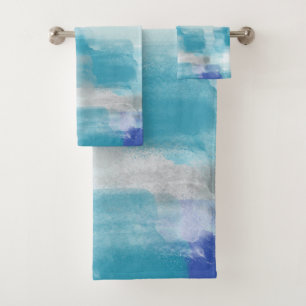 Modern Turquoise & Gray Watercolor Abstract Art Bath Towel Set