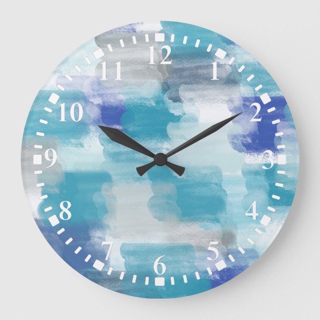 Modern Turquoise & Gray Watercolor Abstract Art   Large Clock (Front)