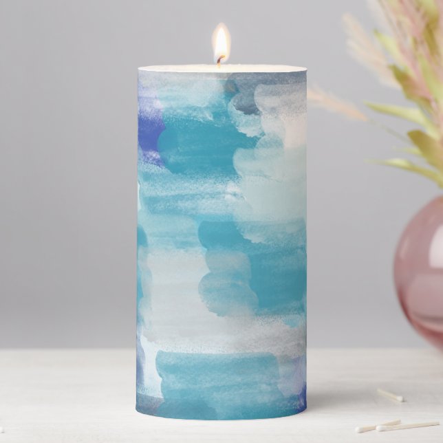 Modern Turquoise & Gray Watercolor Abstract Art  Pillar Candle (In Situ)