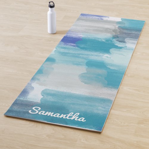 Modern Turquoise  Gray Watercolor Abstract Art  Yoga Mat