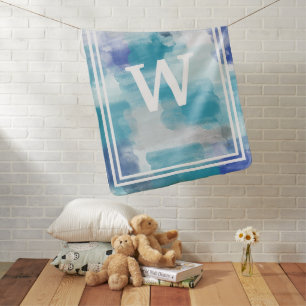 Modern Turquoise Gray Watercolor Initial Monogram Baby Blanket
