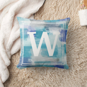 Modern Turquoise Gray Watercolor Initial Monogram Throw Pillow