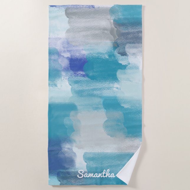 Modern Turquoise & Gray Watercolor Ocean Beach Towel (Front)