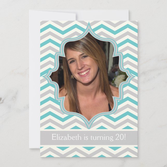 Modern turquoise, grey chevron birthday photo invitation (Front)