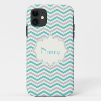 Modern turquoise, grey, ivory chevron custom iPhone 11 case