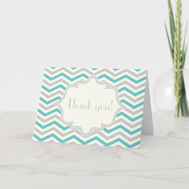 Modern turquoise, grey, ivory chevron pattern thank you card (Front)