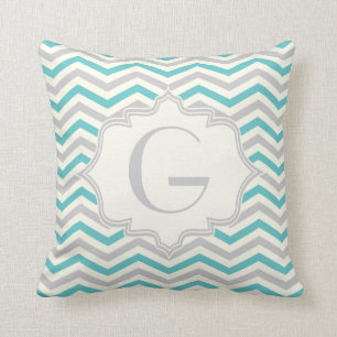 Modern turquoise, grey, ivory chevron pattern throw pillow